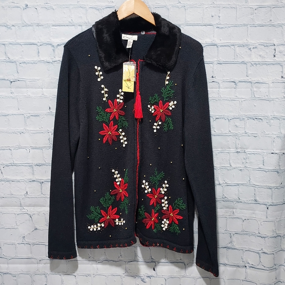Kim Roger's Christmas Sweater Large Embroidered Poinsettias Removable Collar